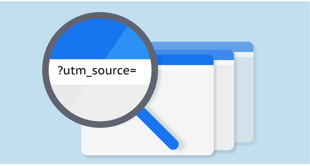 Graphic of a magnifying glass with utm_soure= in the search bar | Fujisan Marketing