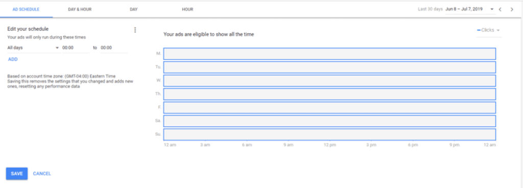 Screenshot of Google Ads Scheduler settings 